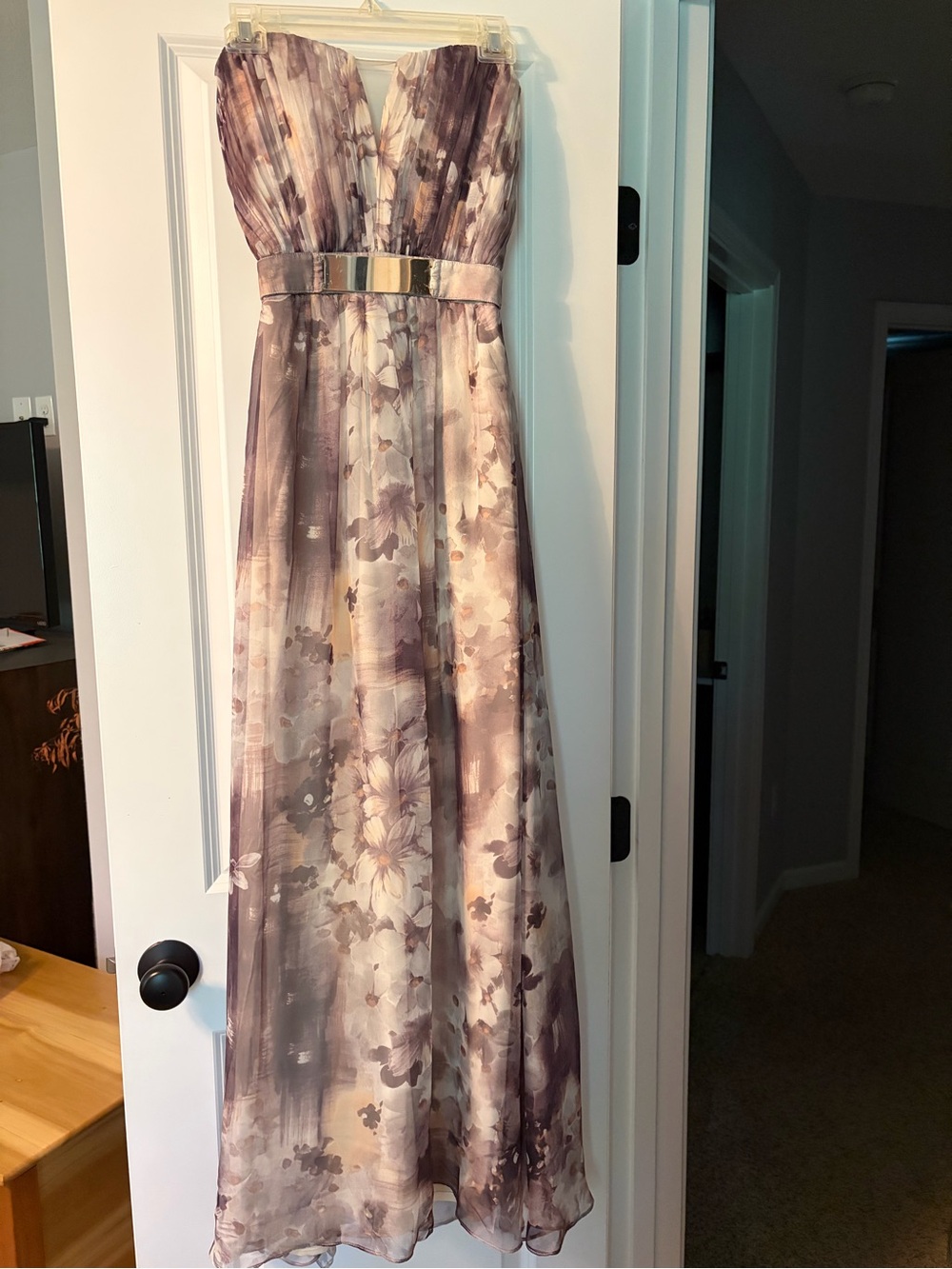 Little Mistress Strapless Floral Evening Gown in Mauve and Champagne
